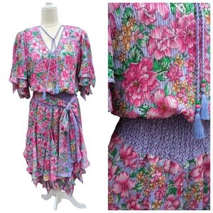 Vintage Diane Freis Beaded Pink Floral Georgette Dress